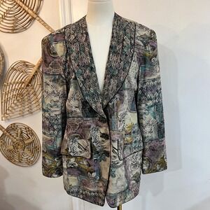 Vintage Dorothy Schoelen Patchwork Tapestry Blazer Scarf Print Jacket M